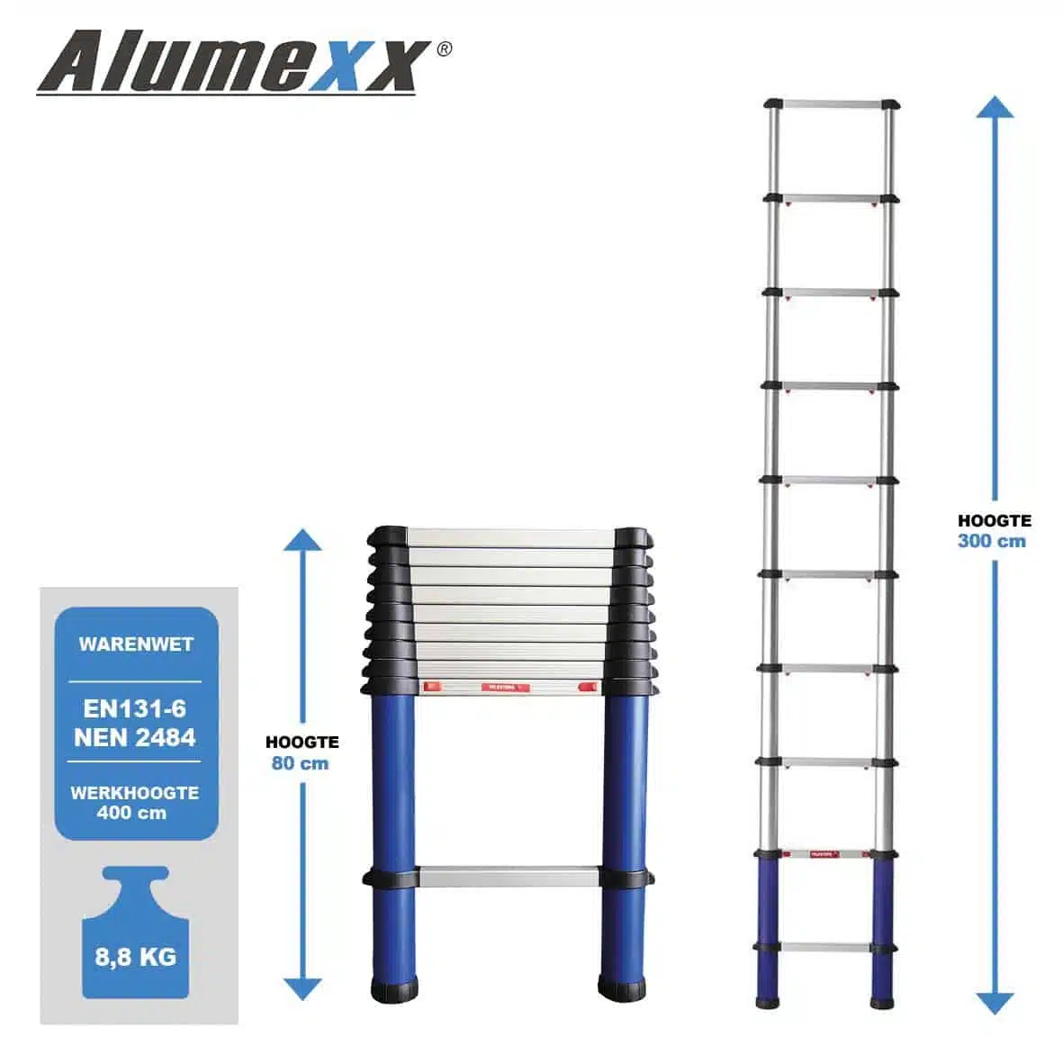 noedels vegetarisch Okkernoot Alumexx Telesteps 3 M (Blue-Line) Telescoopladder | Rolsteiger.net